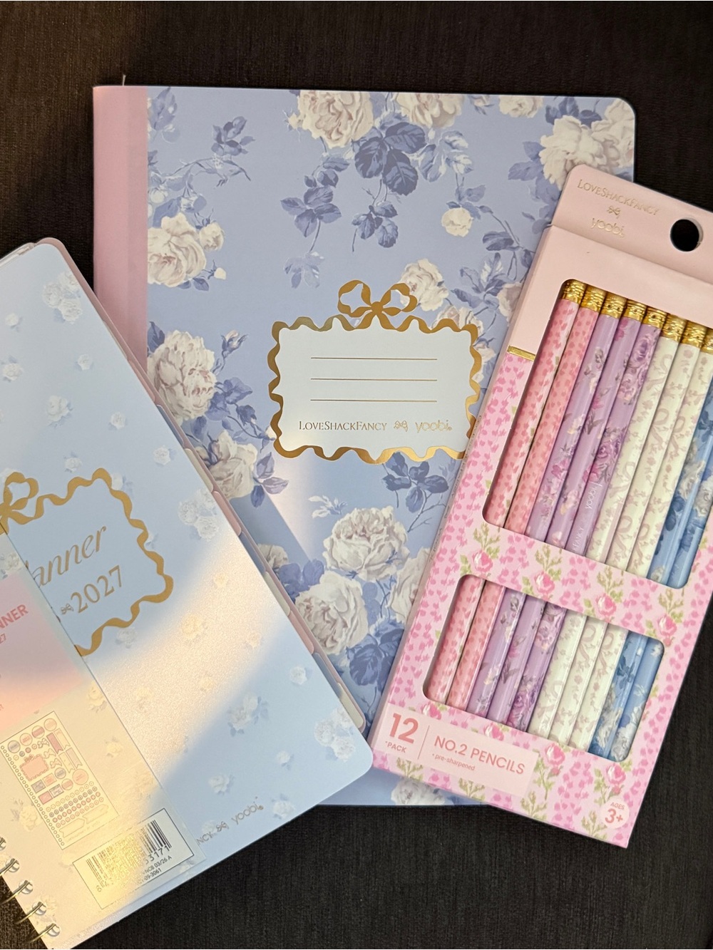 LoveShackFancy Pastel Floral Notebook & Pencil Set - Pink, Lavender, Light Blue